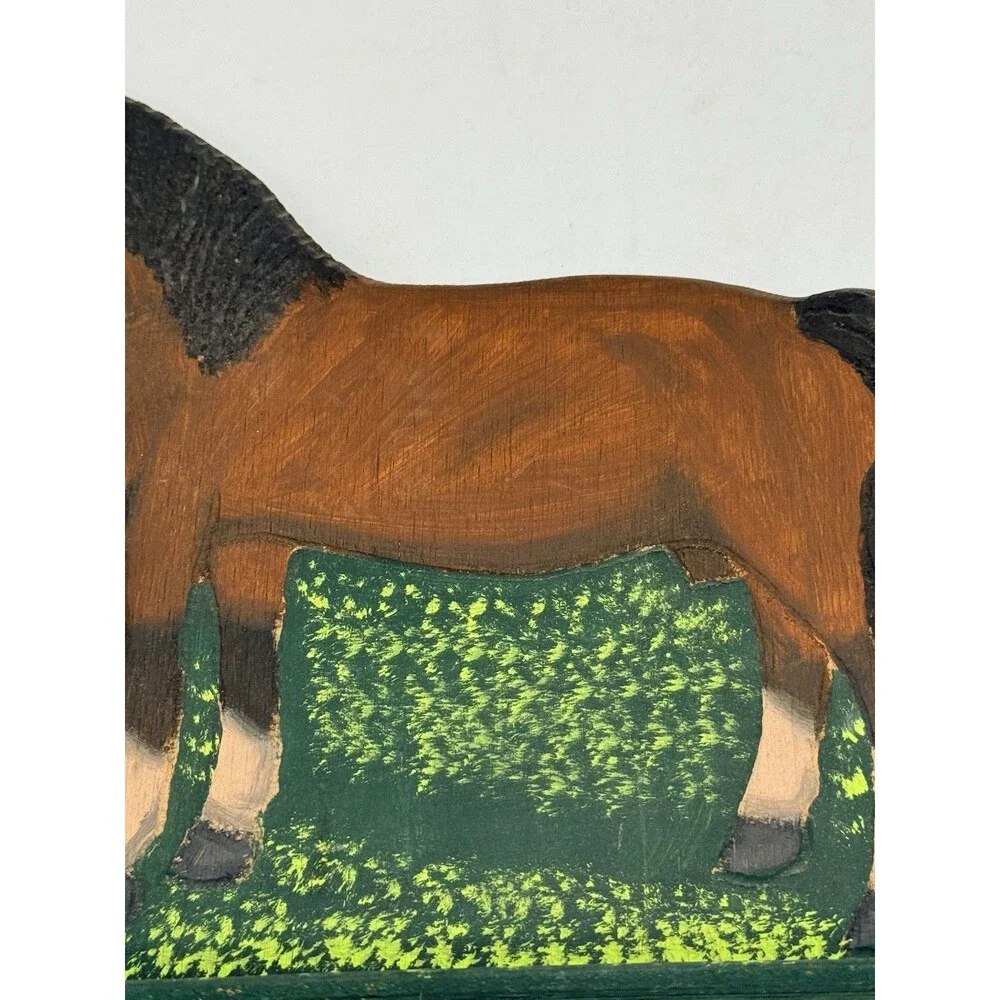 Vintage 1989 Menno Shirk Folk Art Wood Carved Brown Horse 9.5” w/ Signed Base